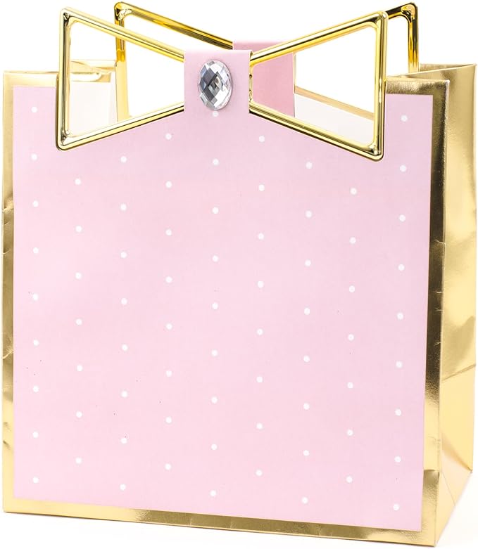 Hallmark Signature 7" Medium Gift Bag (Pink with Gold Border and Metallic Bow) for Mothers Day, Birthdays, Engagements, Valentines Day, Sweetest Day and More