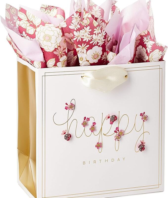 Hallmark Signature 7" Medium Birthday Gift Bag with Tissue Paper (Pink Flowers)